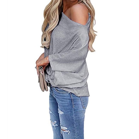 Gray off the shoulder twist knot tunic sweater - Picture 2 of 5